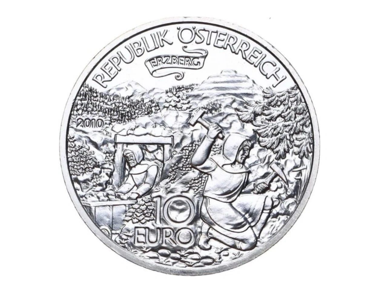 10 Евро Австрия 2010 Серебряная 17,3-граммовая памятная монета Эрцберга в Штирии, Австрия, 2010, серебро, состояние UNC — аверс