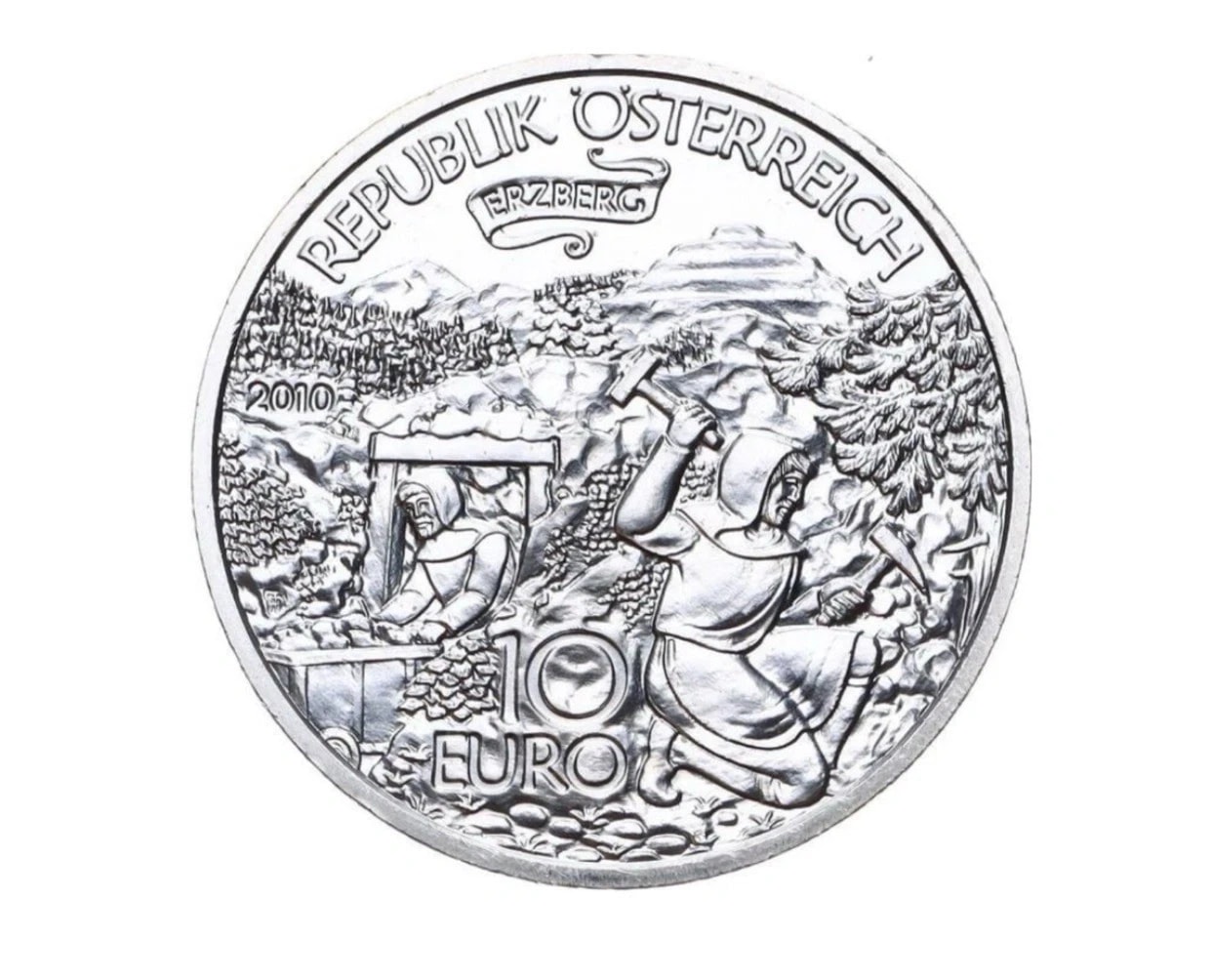 10 Евро Австрия 2010 Серебряная 17,3-граммовая памятная монета Эрцберга в Штирии, Австрия, 2010, серебро, состояние UNC — аверс