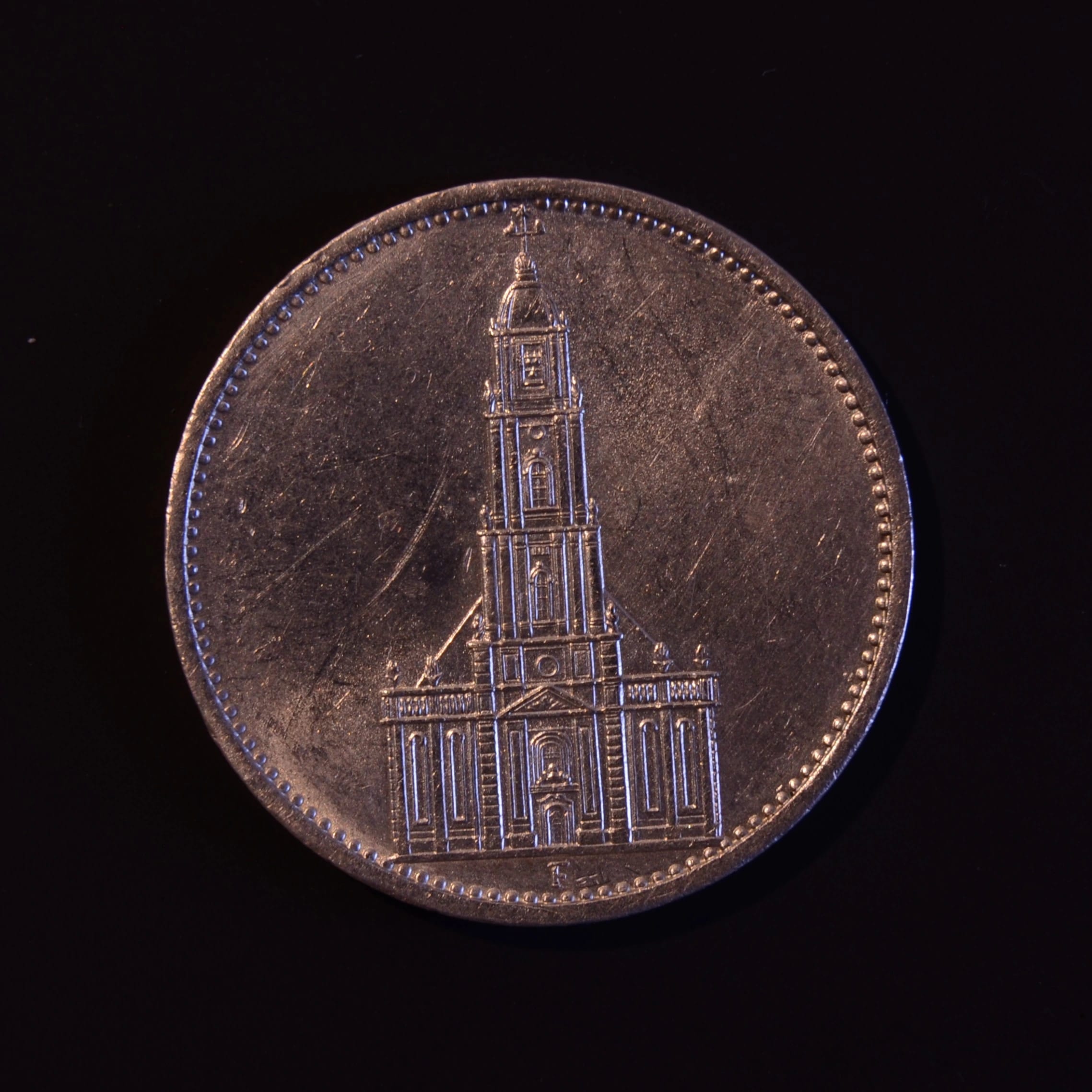 5 Reichsmark 1934 F Garnisonkirche Potsdam mit Adler Silbermünze VZ-STGL, Немецкий доктор Райх, 1934, серебро, состояние AU — аверс