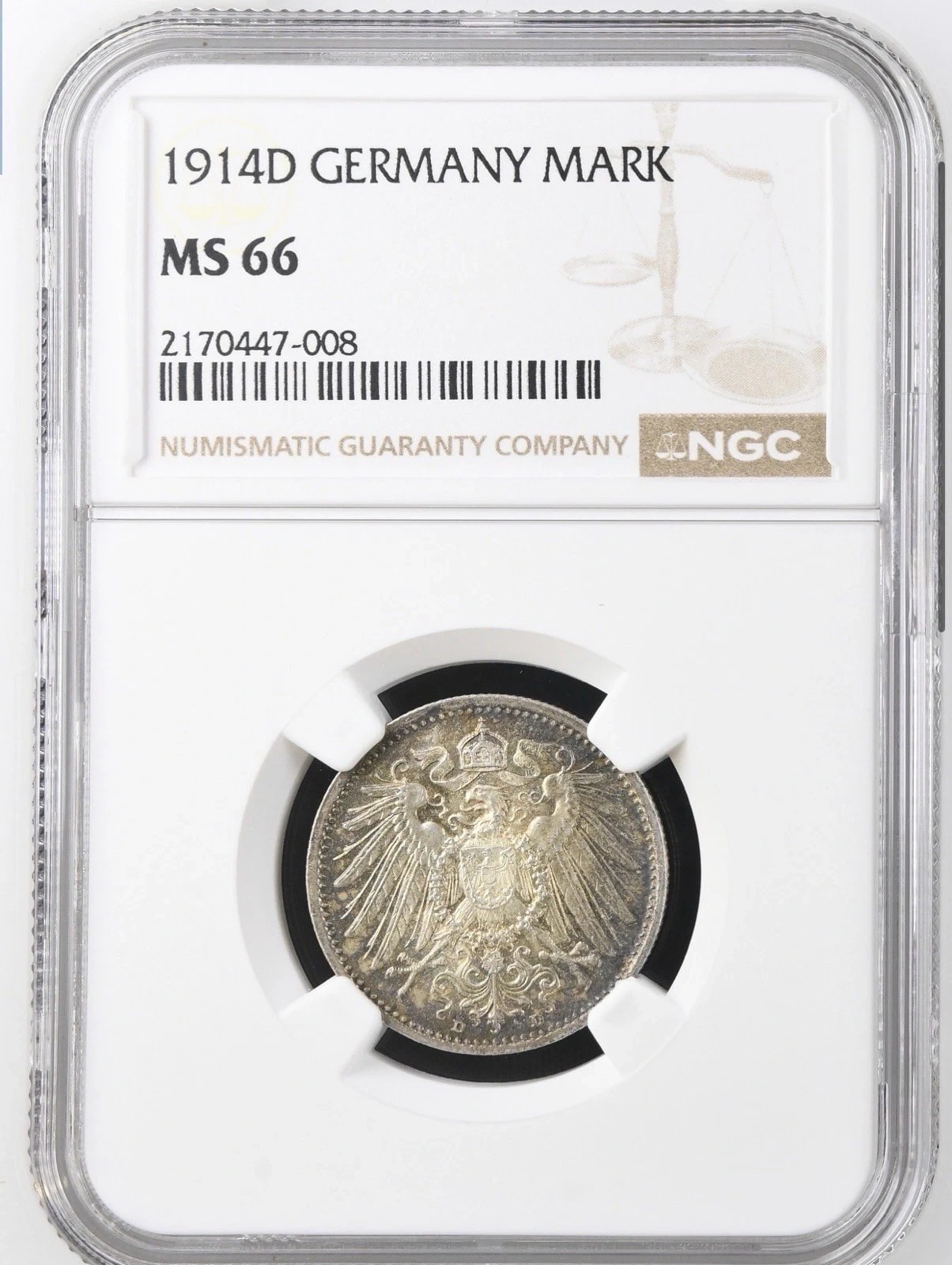 Kaiserreich 1 Mark 1914 D - J.17 - NGC MS66 - Stamp lustre - великолепный образец, Германская империя, 1914, серебро, состояние UNC — аверс