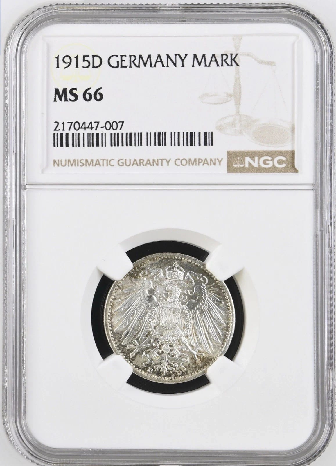 Kaiserreich 1 Mark 1915 D - J.17 - NGC MS66 - Stamp lustre - образец великолепия, Германская империя, 1915, серебро, состояние UNC — аверс
