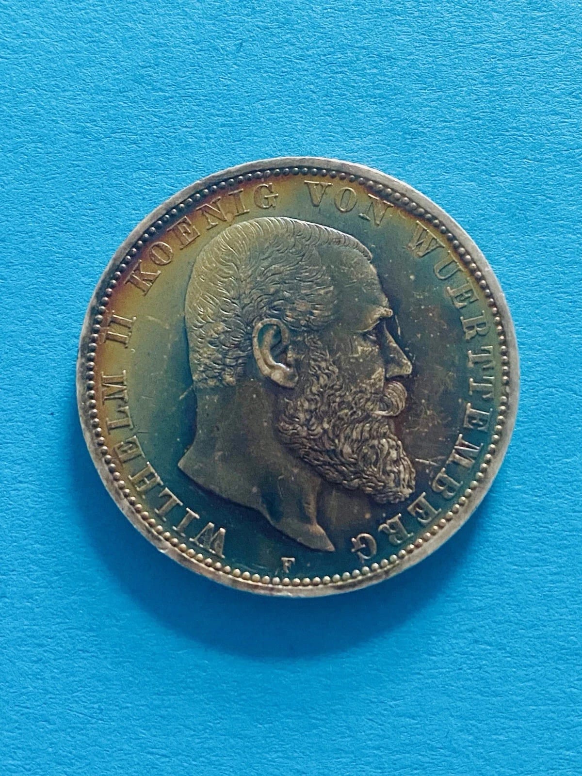 5 Марк 1913 F — Вильгельм II — Серебряный — великолепный образец с радужной патиной, Германская империя, 1913, серебро, состояние AU — аверс