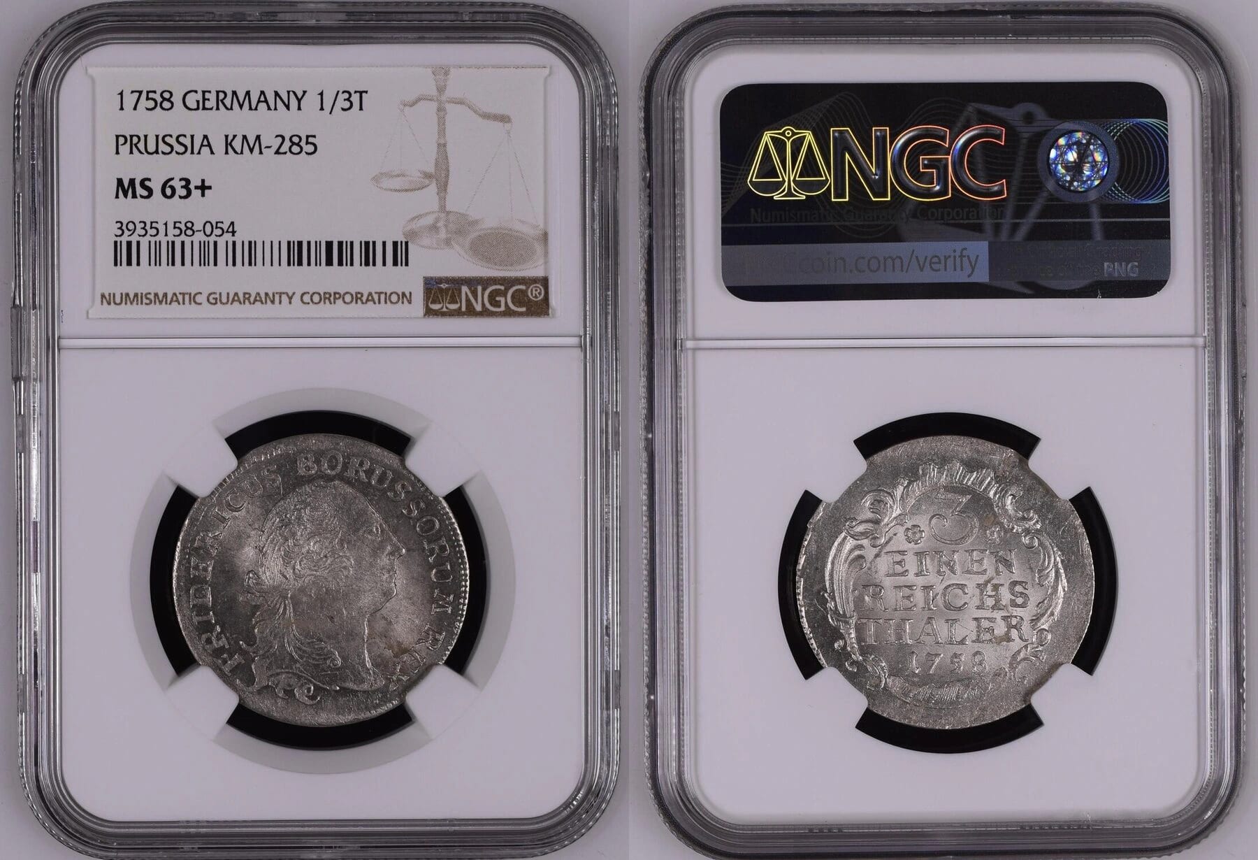 GERMANY 1/3 Taler 1758 Preußen Friedrich II Dresden NGC MS 63+, Германия до 1871 года, 1758, 1/3 Талер, серебро, состояние UNC — аверс