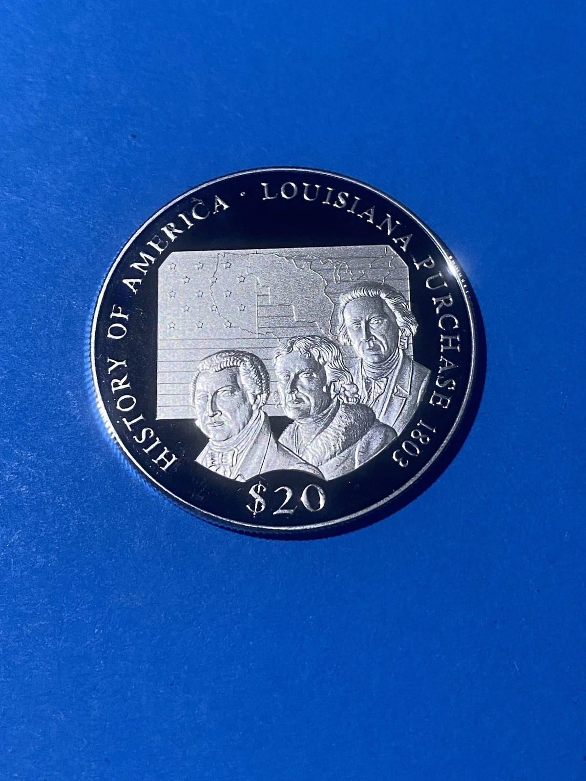 20 Доллар Либерия 2000 Серебро (999) - Луизиана Покупка PP Proof, Либерия, 2000, серебро, состояние UNC — аверс