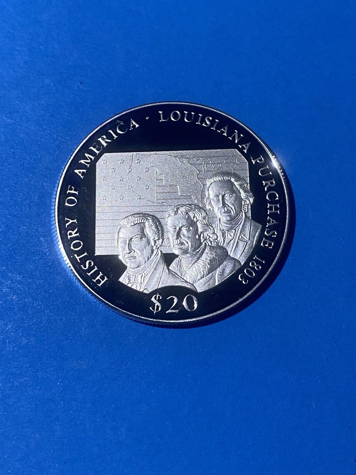 20 Доллар Либерия 2000 Серебро (999) - Луизиана Покупка PP Proof, Либерия, 2000, серебро, состояние UNC — аверс