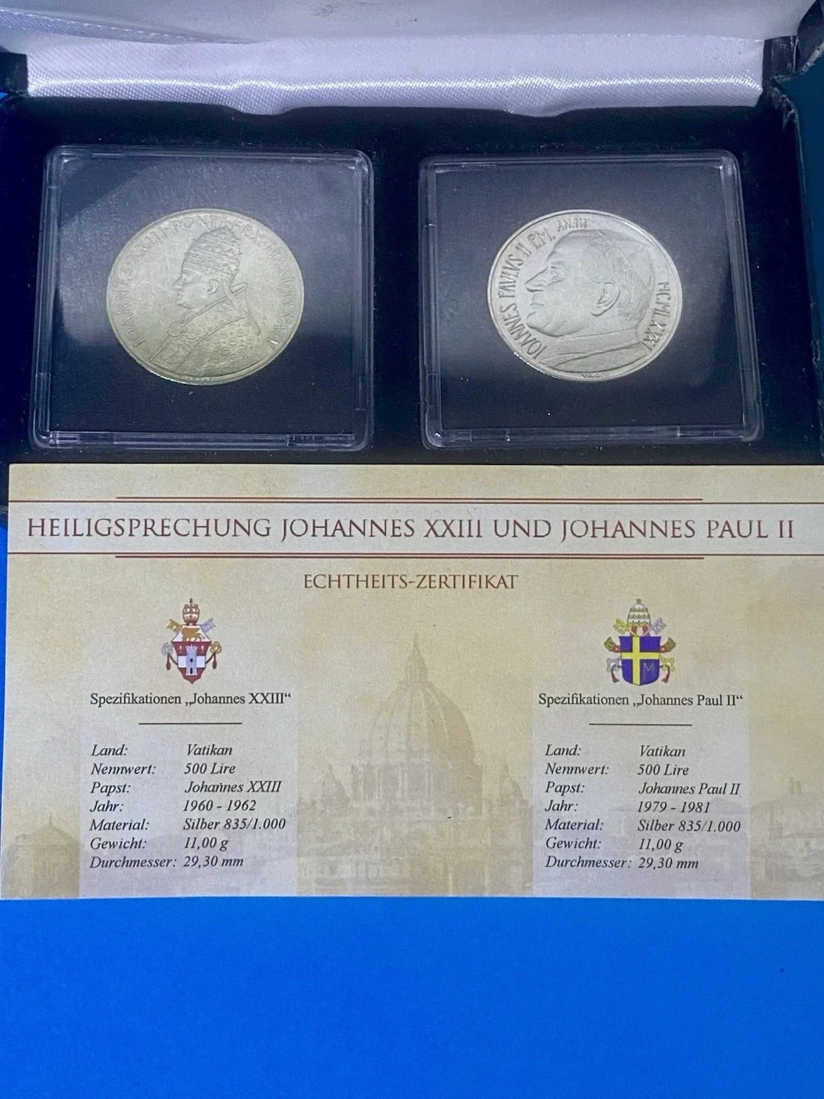 Vatikan 2x 500 Lire Silber Gedenkmünzen – Heiligsprechung Johannes, Vatikan, 1960, серебро, состояние UNC — аверс