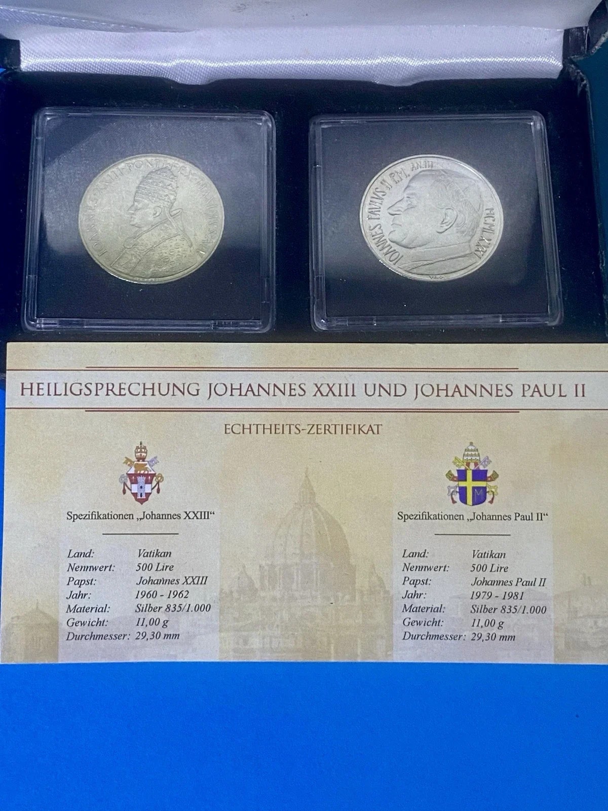 Vatikan 2x 500 Lire Silber Gedenkmünzen – Heiligsprechung Johannes, Vatikan, 1960, серебро, состояние UNC — аверс