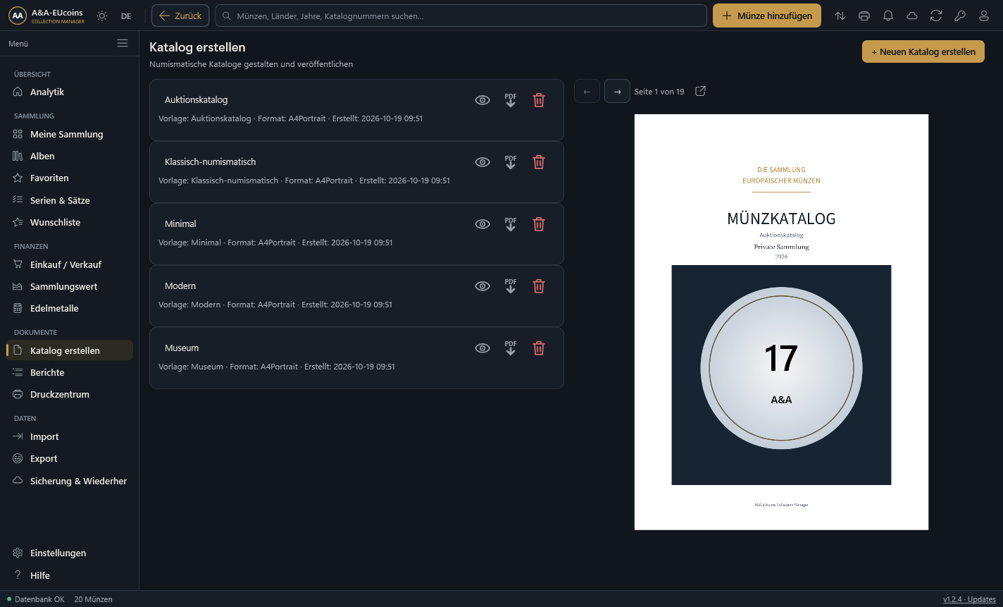 Ansicht „Katalogbücher“ mit PDF-Erstellung