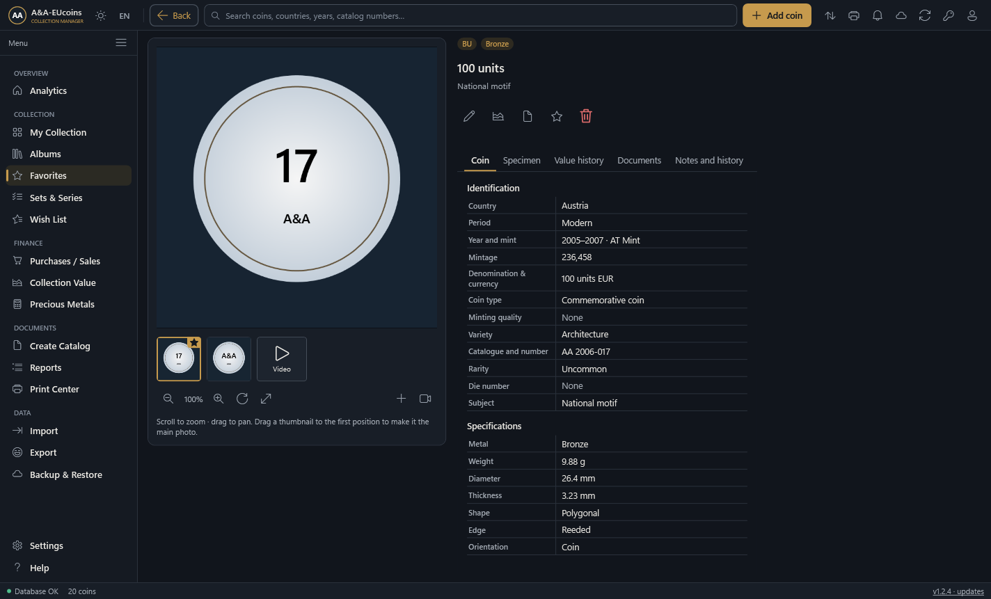 Responsive coin details with a gallery and specifications
