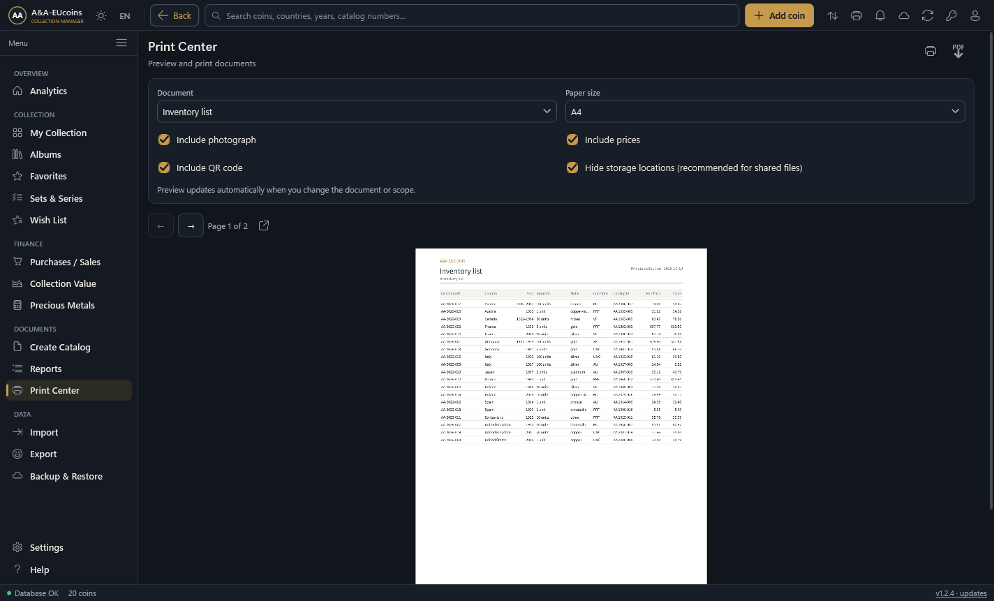Print center with document settings