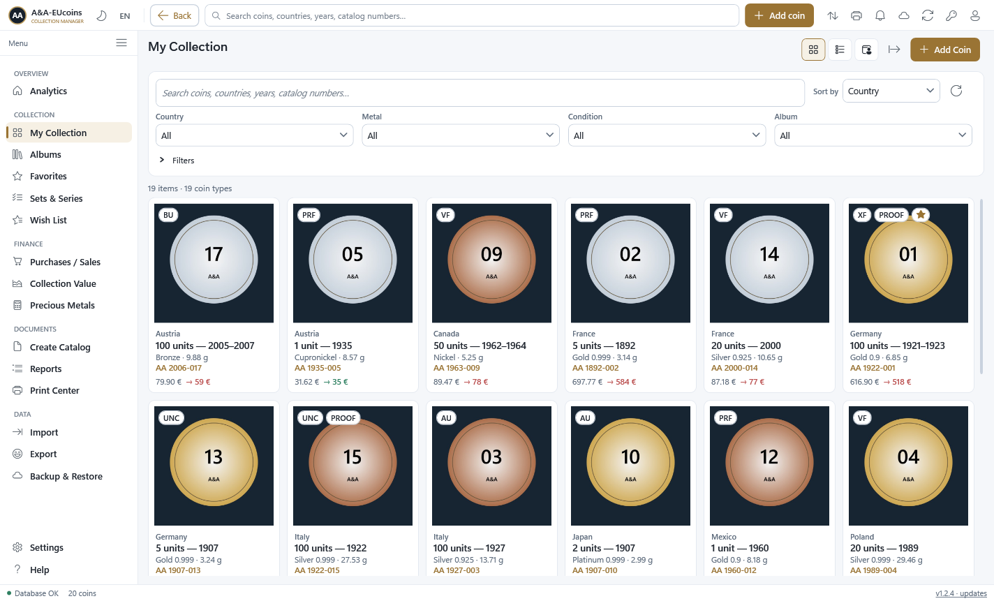 My Collection view: coin cards with filters
