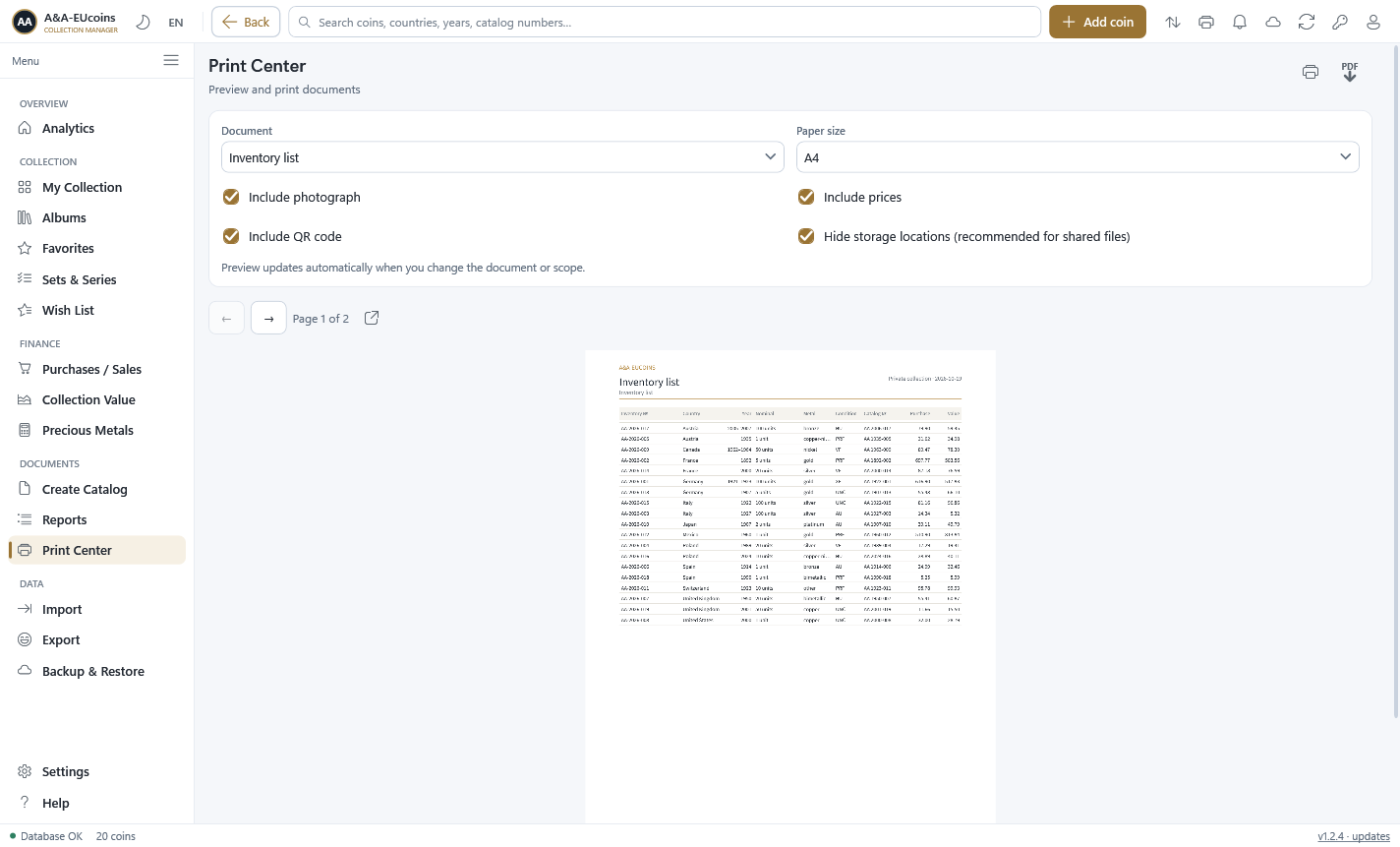 Print center with document settings